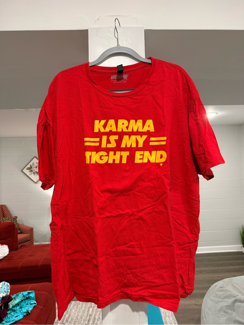 Red 'Karma Is My Tight End' Short Sleeve Tee